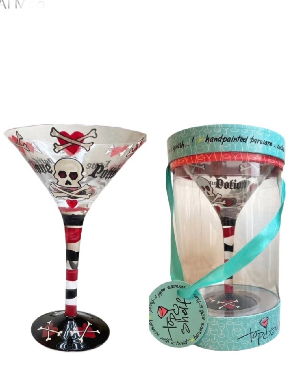 NIB Top Shelf Love Potion Hand Painted Skull & Crossbones Martini Glass